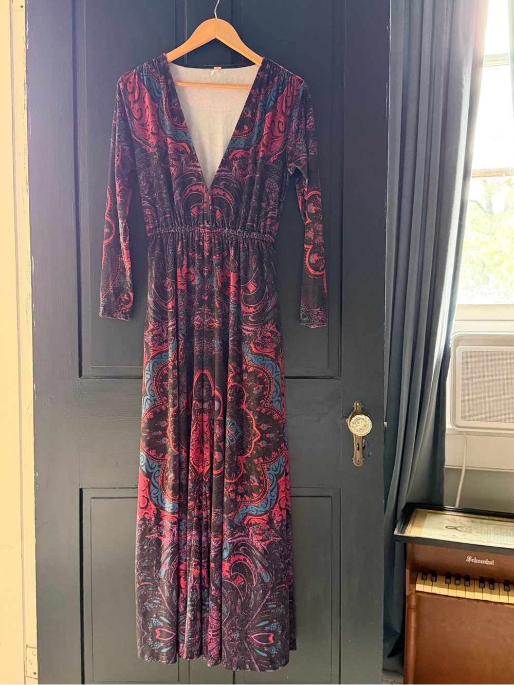 Free People Velvet Burgundy Teal Paisley V-Neck Long Sleeve Wide leg jumper